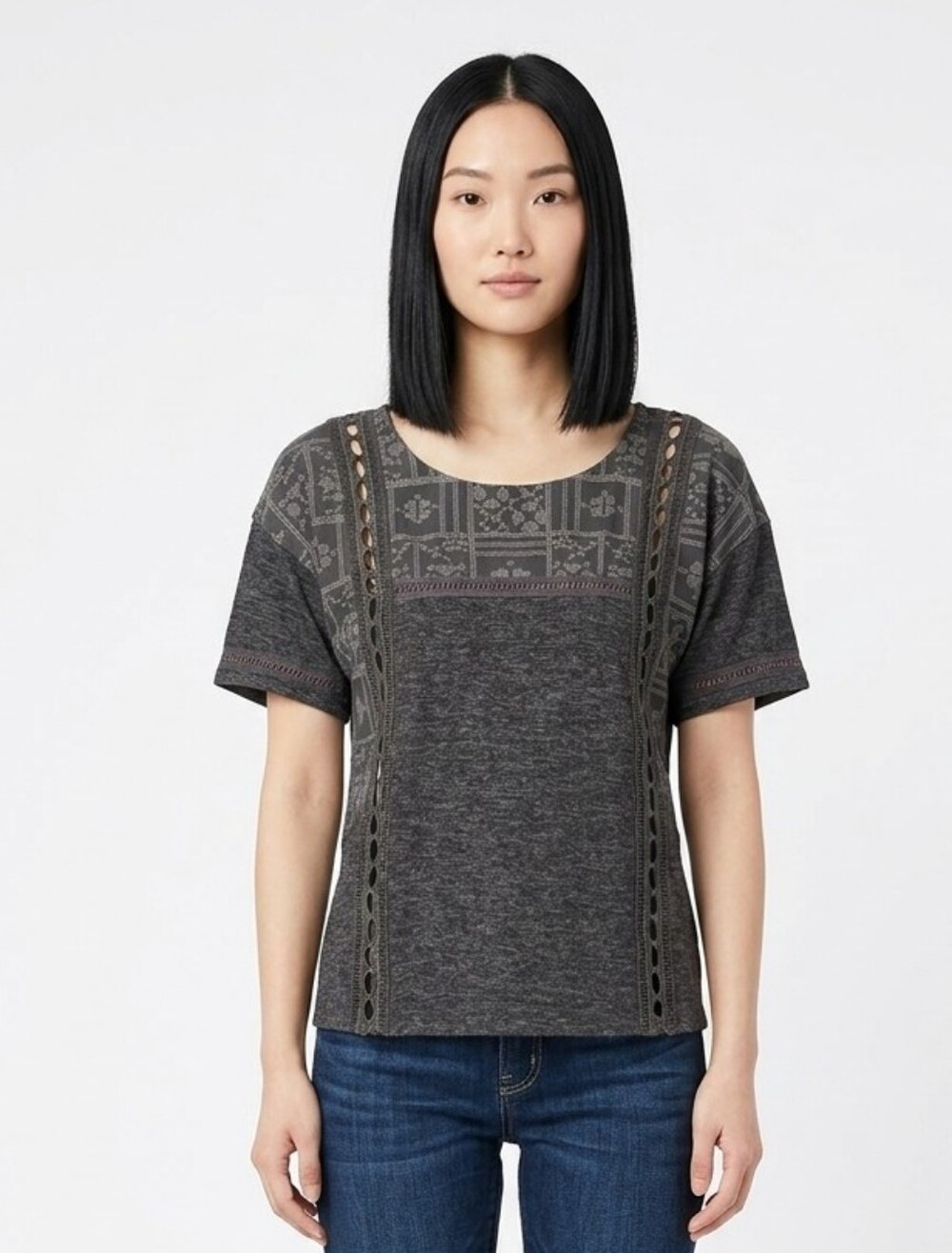 Miss Me Charcoal Gray Short Sleeve Knit Tee with Patterned Yoke